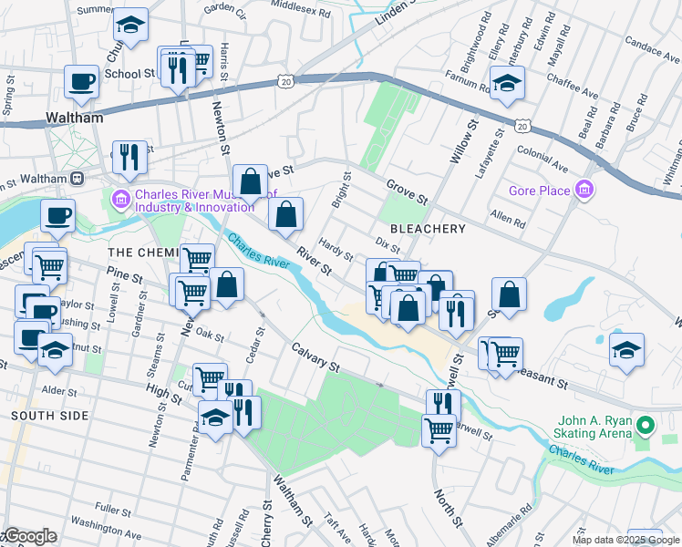 map of restaurants, bars, coffee shops, grocery stores, and more near 176 River Street in Waltham