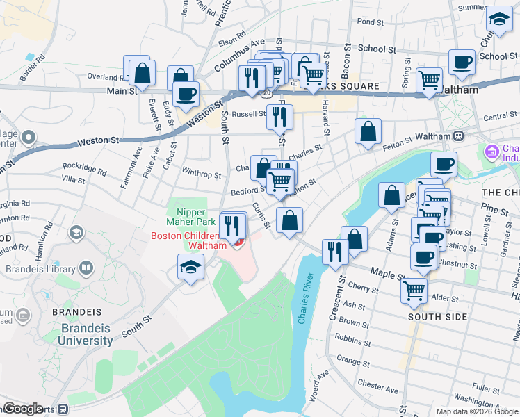 map of restaurants, bars, coffee shops, grocery stores, and more near 50 Highland Street in Waltham
