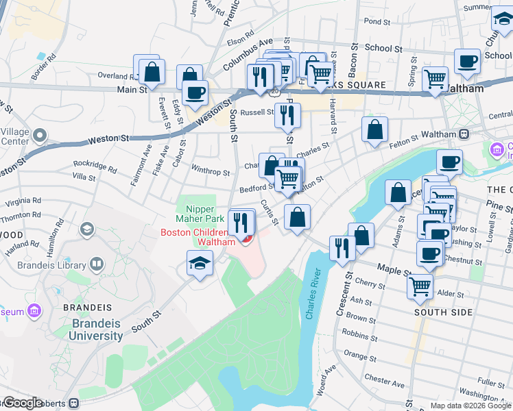 map of restaurants, bars, coffee shops, grocery stores, and more near 50 Highland Street in Waltham