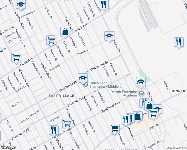map of restaurants, bars, coffee shops, grocery stores, and more near 2613 Harding Street in Detroit
