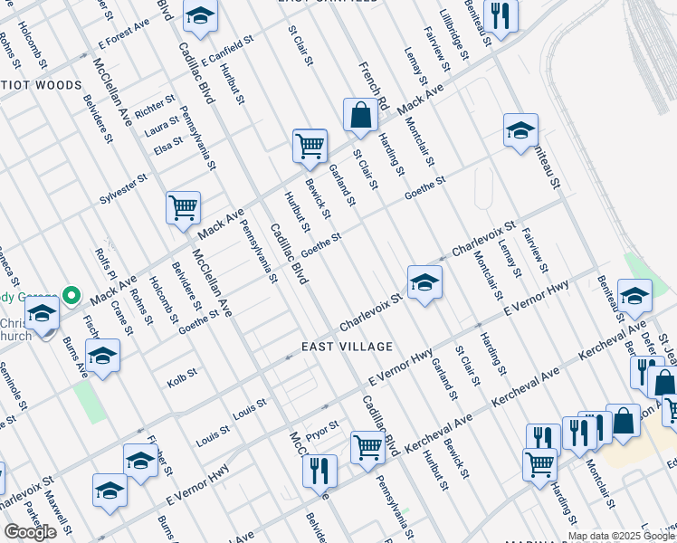 map of restaurants, bars, coffee shops, grocery stores, and more near 3005 Hurlbut Street in Detroit