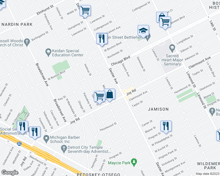 map of restaurants, bars, coffee shops, grocery stores, and more near 3776 Atkinson Street in Detroit