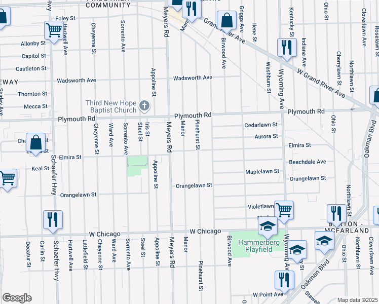 map of restaurants, bars, coffee shops, grocery stores, and more near 10011 Pinehurst Street in Detroit