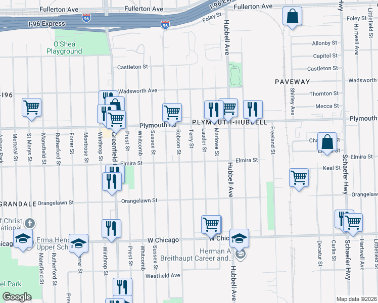 map of restaurants, bars, coffee shops, grocery stores, and more near 11300 Robson Street in Detroit