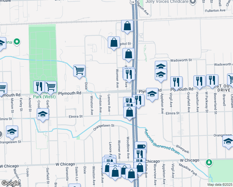map of restaurants, bars, coffee shops, grocery stores, and more near 11430 Lenore in Redford Charter Township