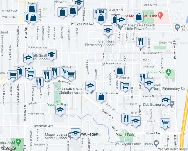 map of restaurants, bars, coffee shops, grocery stores, and more near 1016 Edwards Street in Waukegan