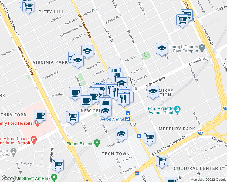 map of restaurants, bars, coffee shops, grocery stores, and more near 7375 Woodward Avenue in Detroit