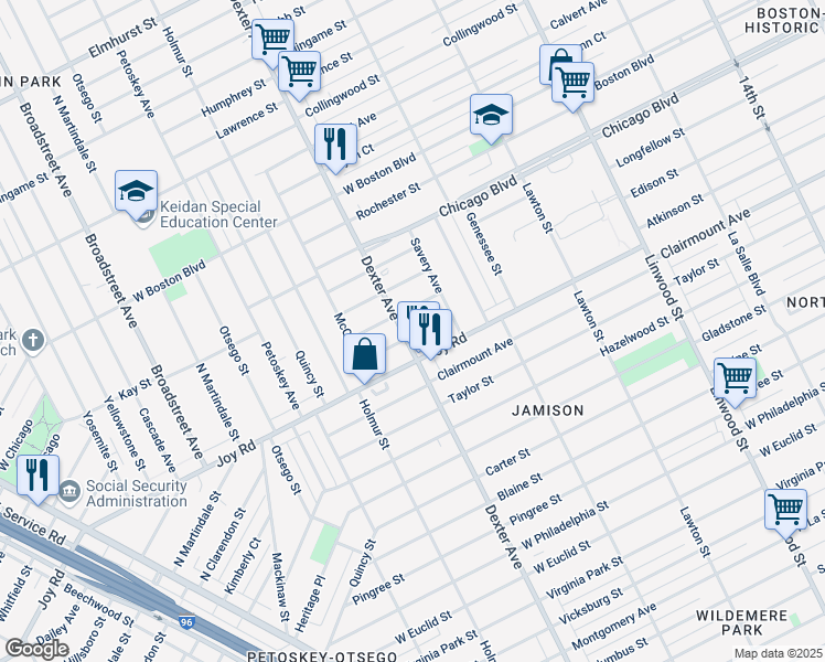 map of restaurants, bars, coffee shops, grocery stores, and more near 9302 Dexter Avenue in Detroit