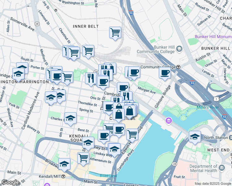 map of restaurants, bars, coffee shops, grocery stores, and more near 151 Cambridge Street in Cambridge