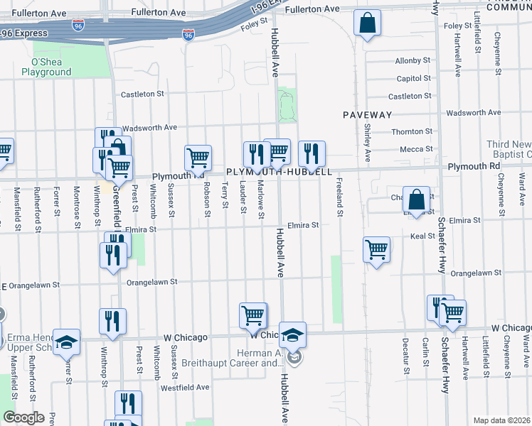 map of restaurants, bars, coffee shops, grocery stores, and more near 11300 Marlowe Street in Detroit