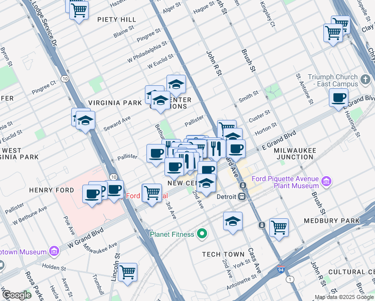 map of restaurants, bars, coffee shops, grocery stores, and more near 7409 2nd Avenue in Detroit