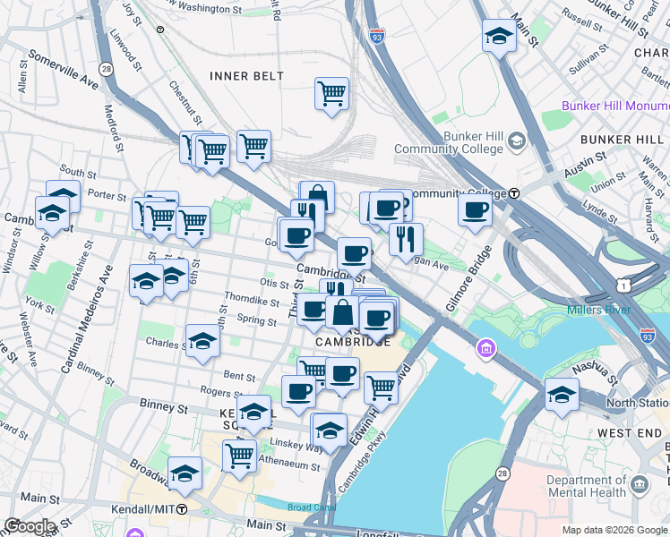 map of restaurants, bars, coffee shops, grocery stores, and more near in Cambridge