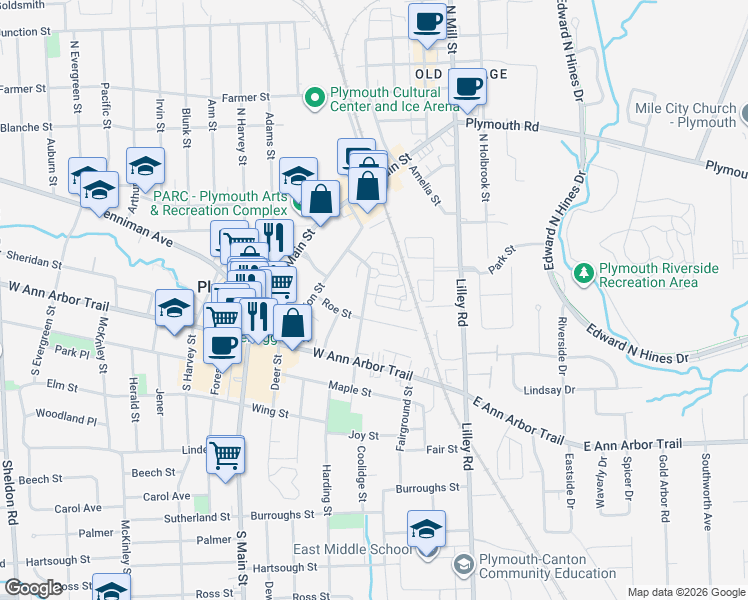 map of restaurants, bars, coffee shops, grocery stores, and more near 199 Hamilton Street in Plymouth