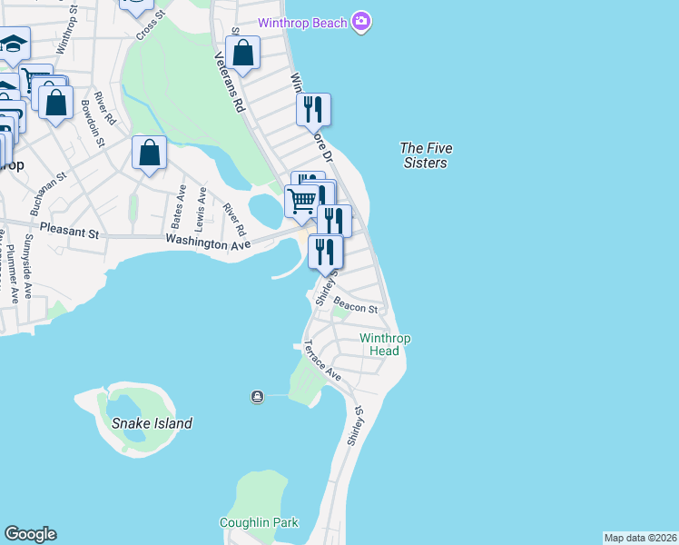 map of restaurants, bars, coffee shops, grocery stores, and more near 546 Shirley Street in Winthrop