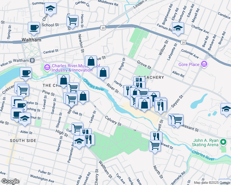 map of restaurants, bars, coffee shops, grocery stores, and more near 206 River Street in Waltham