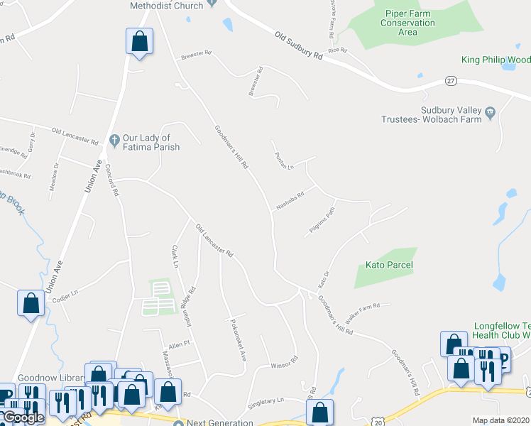 map of restaurants, bars, coffee shops, grocery stores, and more near 173 Goodman's Hill Road in Sudbury