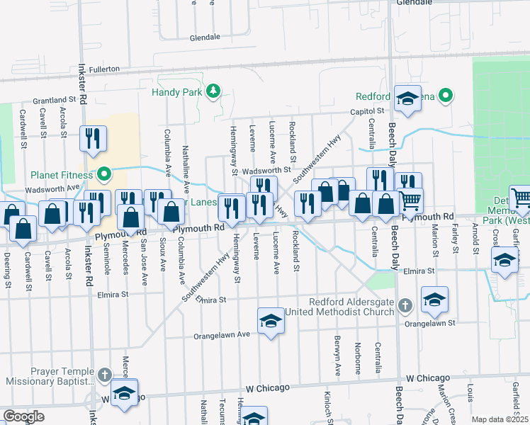 map of restaurants, bars, coffee shops, grocery stores, and more near 26413 Plymouth Road in Redford Charter Township
