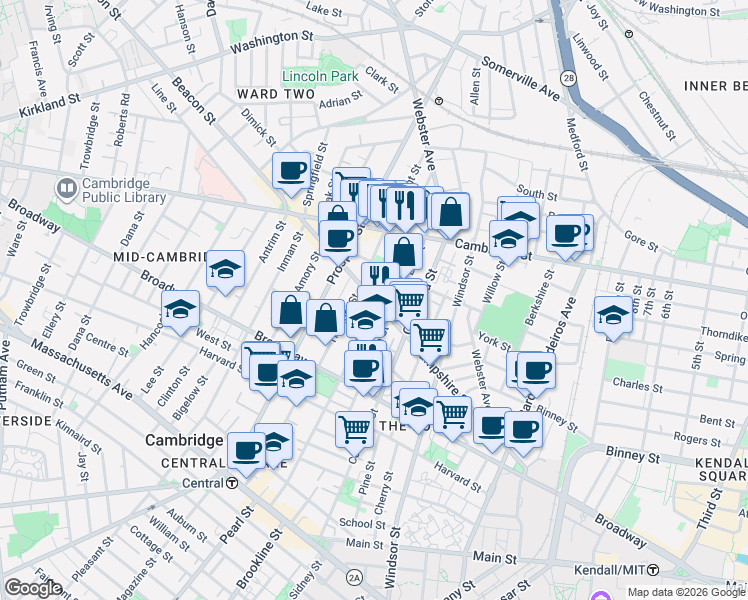 map of restaurants, bars, coffee shops, grocery stores, and more near Hampshire St & Norfolk St in Cambridge