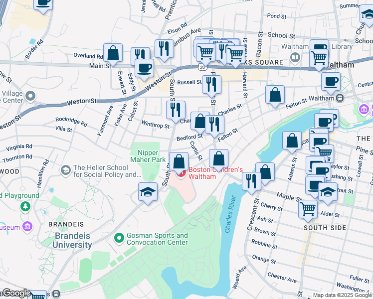 map of restaurants, bars, coffee shops, grocery stores, and more near 14 Dartmouth Street in Waltham