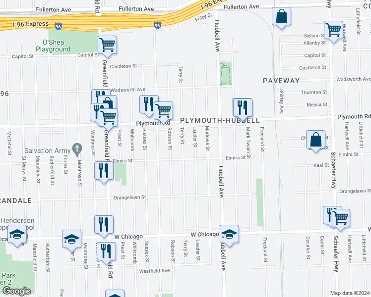 map of restaurants, bars, coffee shops, grocery stores, and more near 11342 Terry Street in Detroit