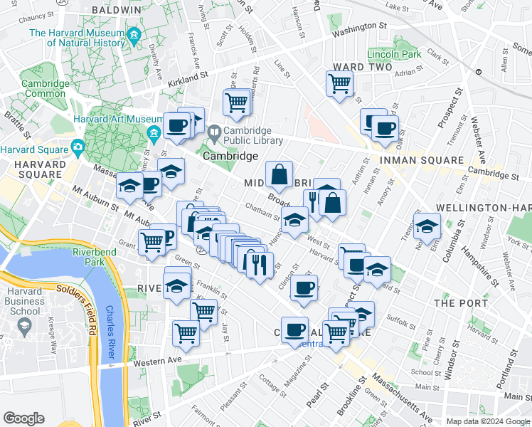 map of restaurants, bars, coffee shops, grocery stores, and more near 15 Chatham Street in Cambridge