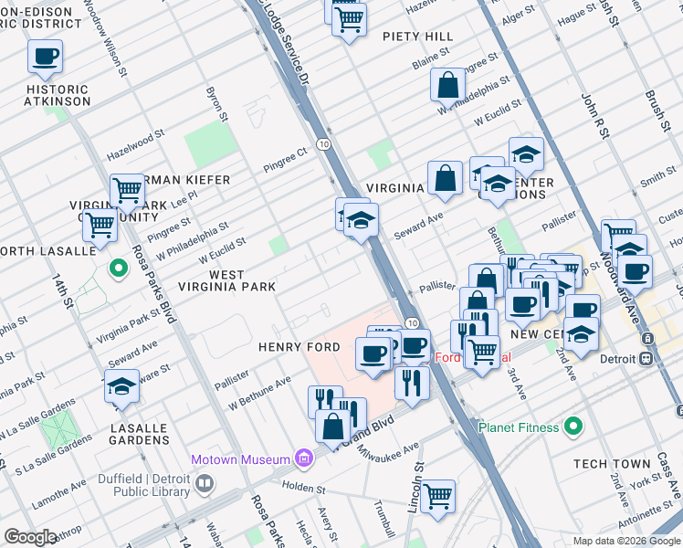 map of restaurants, bars, coffee shops, grocery stores, and more near 1187 Seward Avenue in Detroit