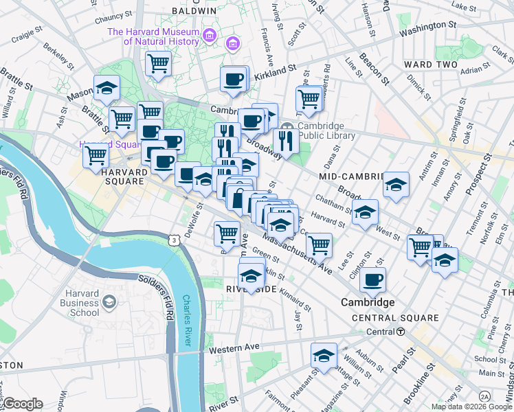 map of restaurants, bars, coffee shops, grocery stores, and more near 12 Trowbridge Street in Cambridge