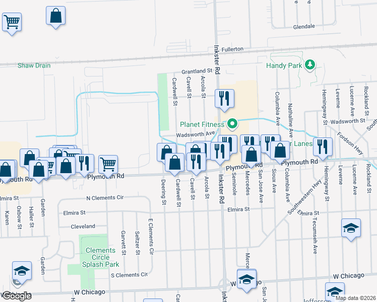 map of restaurants, bars, coffee shops, grocery stores, and more near 11765 Cavell Street in Livonia