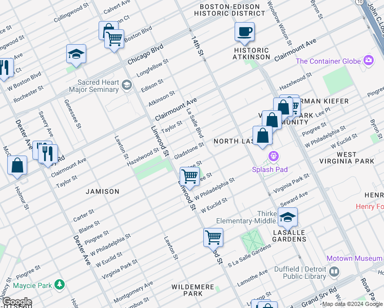 map of restaurants, bars, coffee shops, grocery stores, and more near 2469 Gladstone Street in Detroit