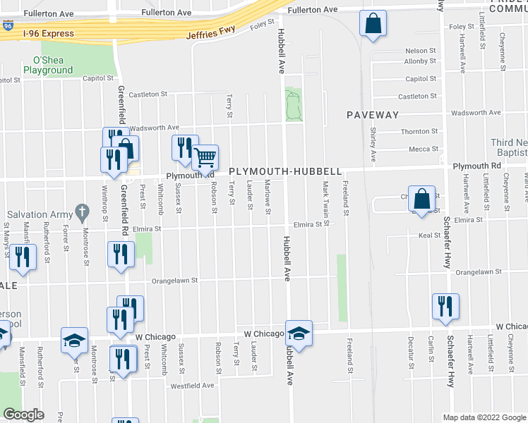 map of restaurants, bars, coffee shops, grocery stores, and more near 11343 Marlowe Street in Detroit