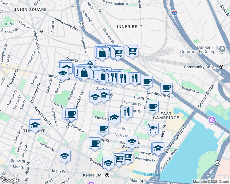 map of restaurants, bars, coffee shops, grocery stores, and more near 137 Otis Street in Cambridge