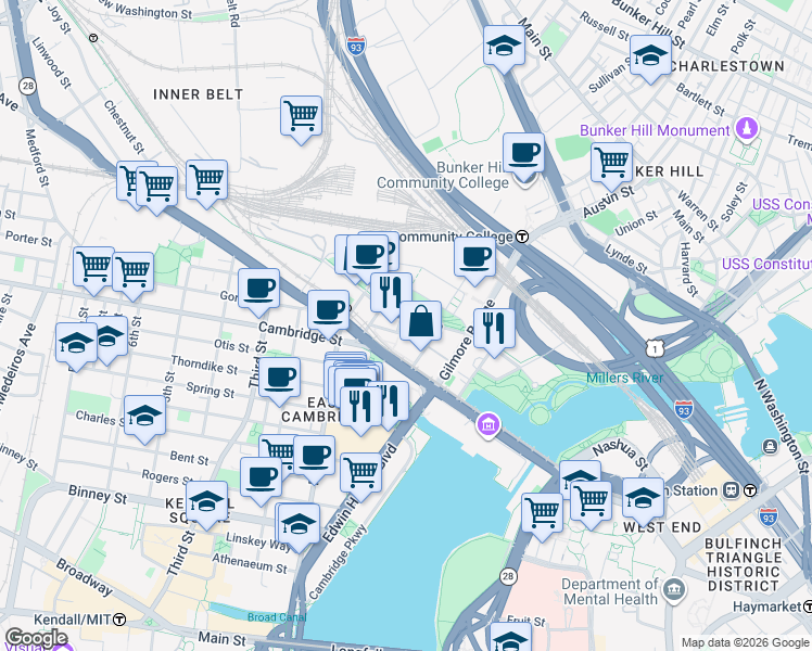 map of restaurants, bars, coffee shops, grocery stores, and more near Earhart Street in Cambridge