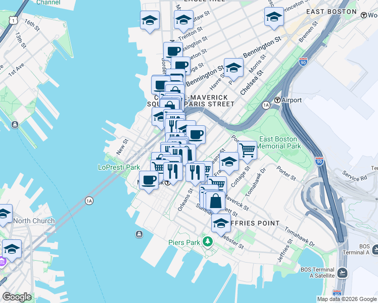 map of restaurants, bars, coffee shops, grocery stores, and more near 82 Bremen Street in Boston