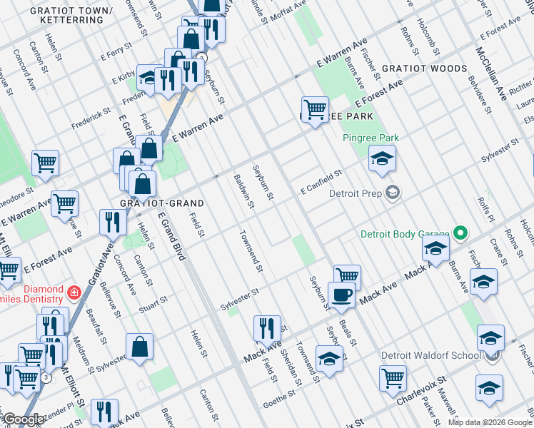 map of restaurants, bars, coffee shops, grocery stores, and more near 7726 East Canfield Street in Detroit