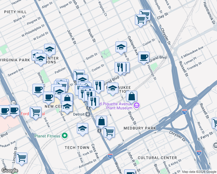 map of restaurants, bars, coffee shops, grocery stores, and more near 117 East Milwaukee Street in Detroit