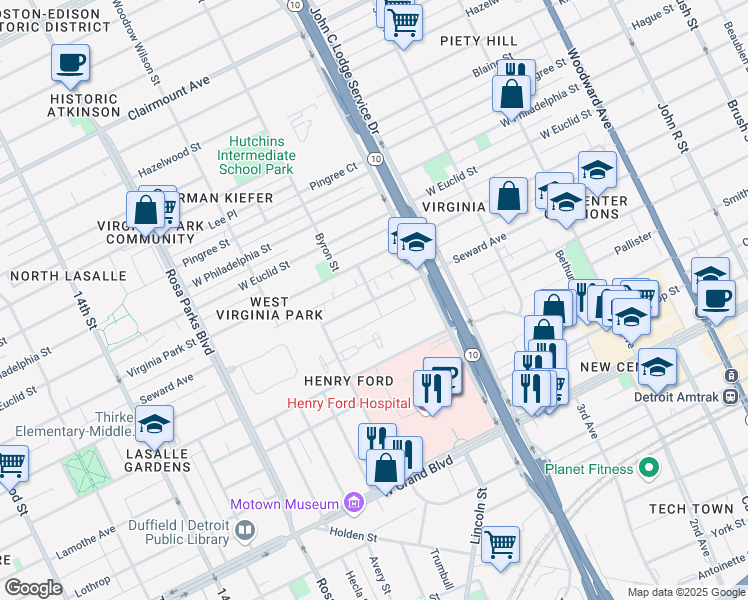 map of restaurants, bars, coffee shops, grocery stores, and more near 8200 Merrill Street in Detroit