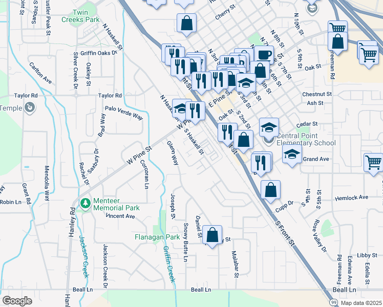 map of restaurants, bars, coffee shops, grocery stores, and more near 249 Hiatt Lane in Central Point