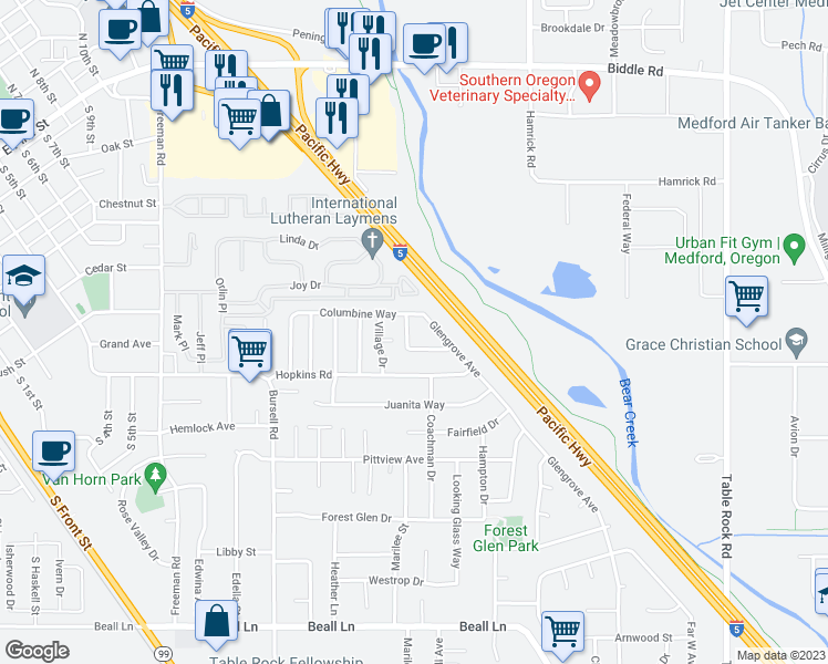 map of restaurants, bars, coffee shops, grocery stores, and more near 534 Brittni Lane in Central Point