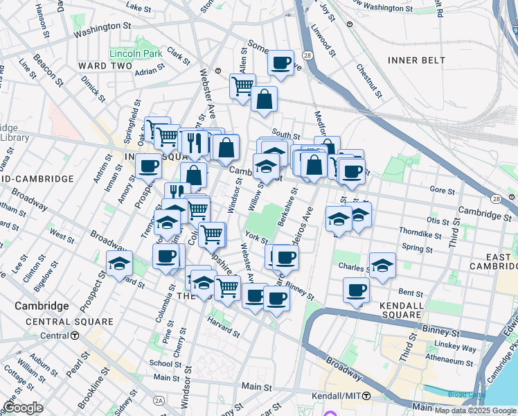 map of restaurants, bars, coffee shops, grocery stores, and more near 61 Willow Street in Cambridge