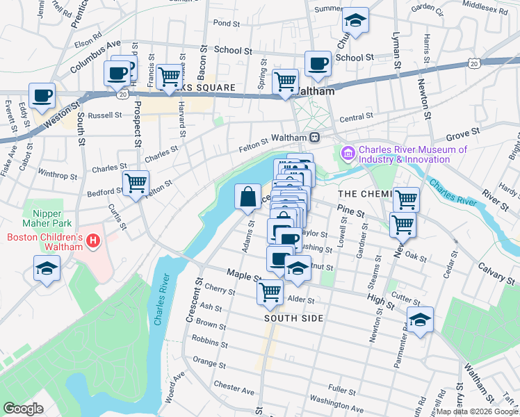 map of restaurants, bars, coffee shops, grocery stores, and more near 1 Spruce Street in Waltham