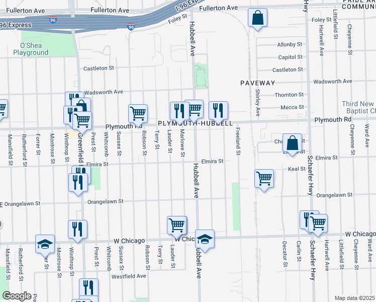 map of restaurants, bars, coffee shops, grocery stores, and more near 11300 Marlowe Street in Detroit