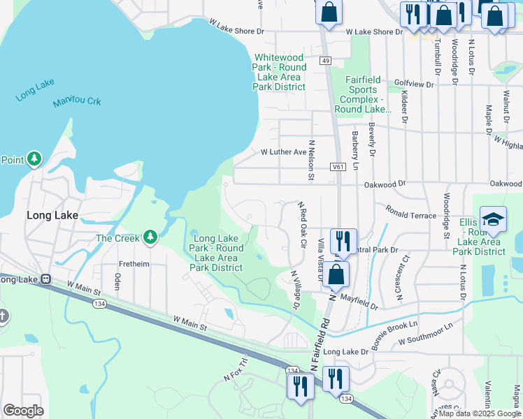 map of restaurants, bars, coffee shops, grocery stores, and more near 1256 North Split Oak Circle in Round Lake Beach