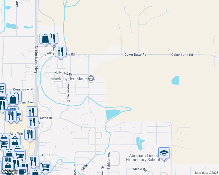 map of restaurants, bars, coffee shops, grocery stores, and more near 2004 Hondeleau Lane in Medford