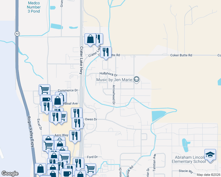 map of restaurants, bars, coffee shops, grocery stores, and more near 3835 Arrowhead Drive in Medford