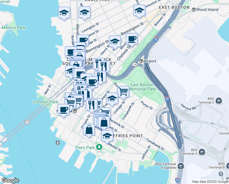 map of restaurants, bars, coffee shops, grocery stores, and more near 65 Frankfort Street in Boston