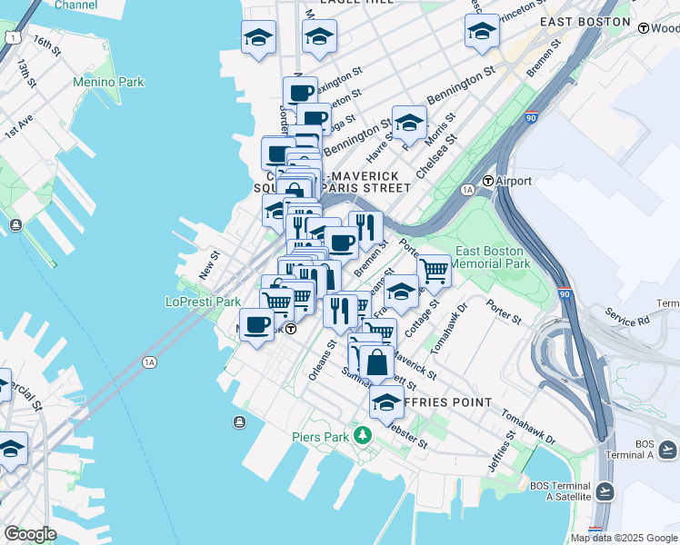 map of restaurants, bars, coffee shops, grocery stores, and more near 82 Bremen Street in Boston
