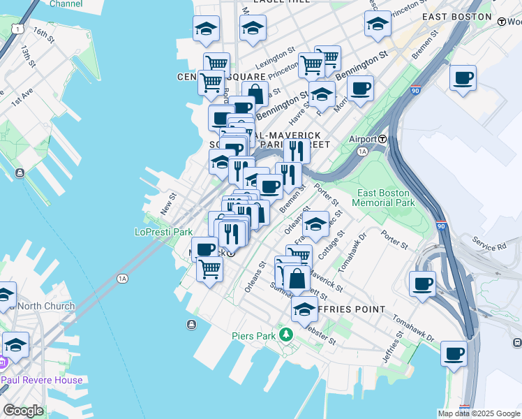 map of restaurants, bars, coffee shops, grocery stores, and more near 82 Bremen Street in Boston
