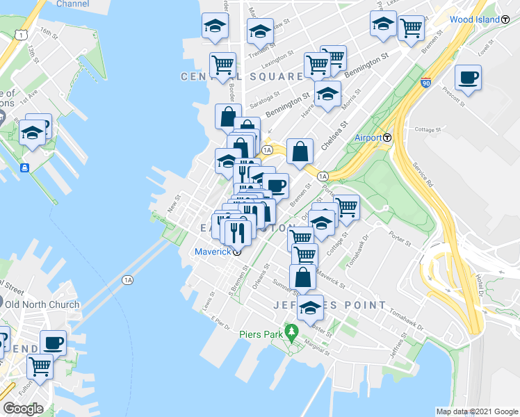 map of restaurants, bars, coffee shops, grocery stores, and more near 6 Chelsea Street in Boston