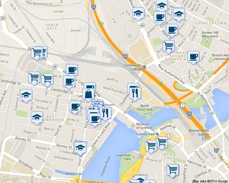 map of restaurants, bars, coffee shops, grocery stores, and more near in Cambridge
