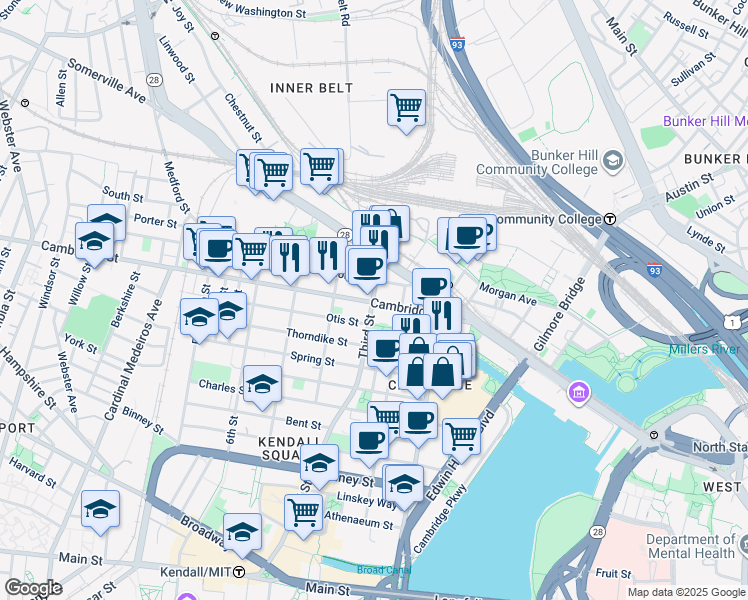 map of restaurants, bars, coffee shops, grocery stores, and more near 63 Otis Street in Cambridge